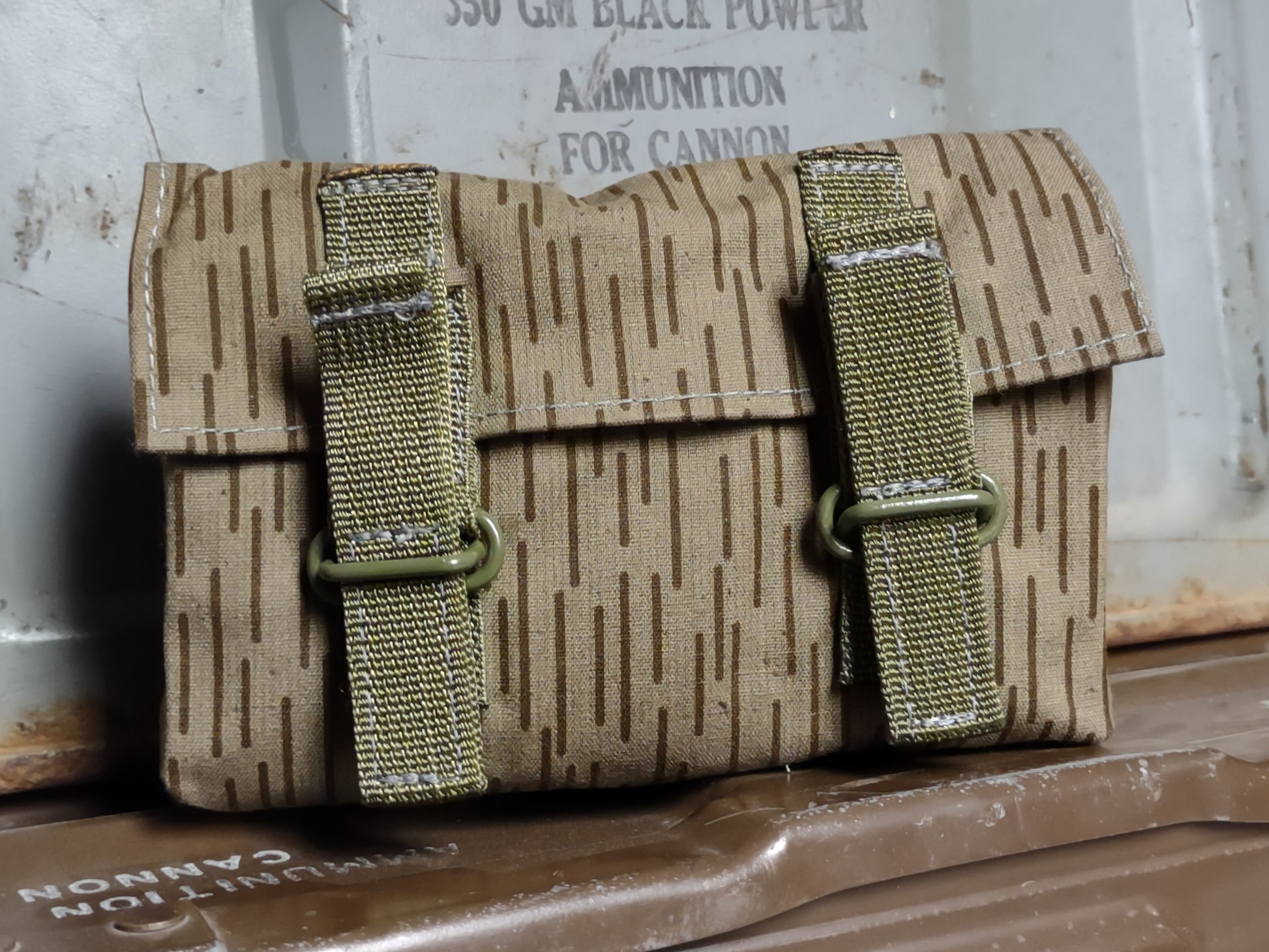 east german rain pattern bag on alice belt East German NVA general purpose 3-cell belt pouch, Strichtarn pattern – 207 Supply Company